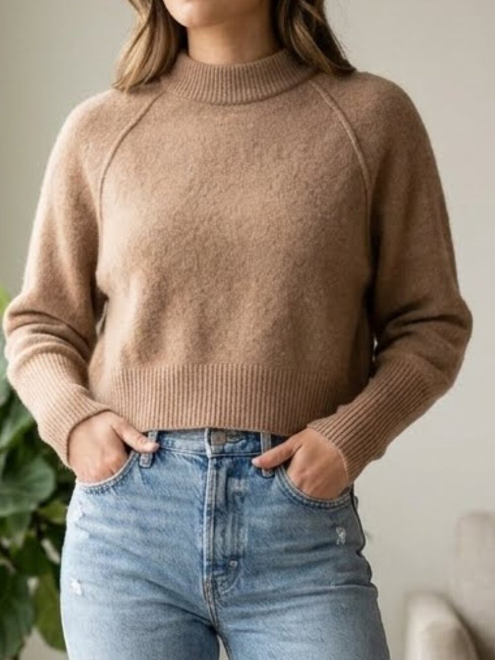 BABATON Women's Luxe Cashmere Classic Crewneck Cropped Brown Sweater Size S